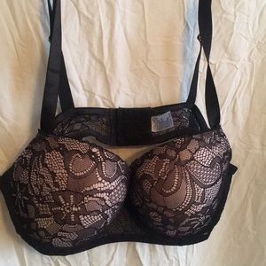 Bra-Nude with black lace overlay.